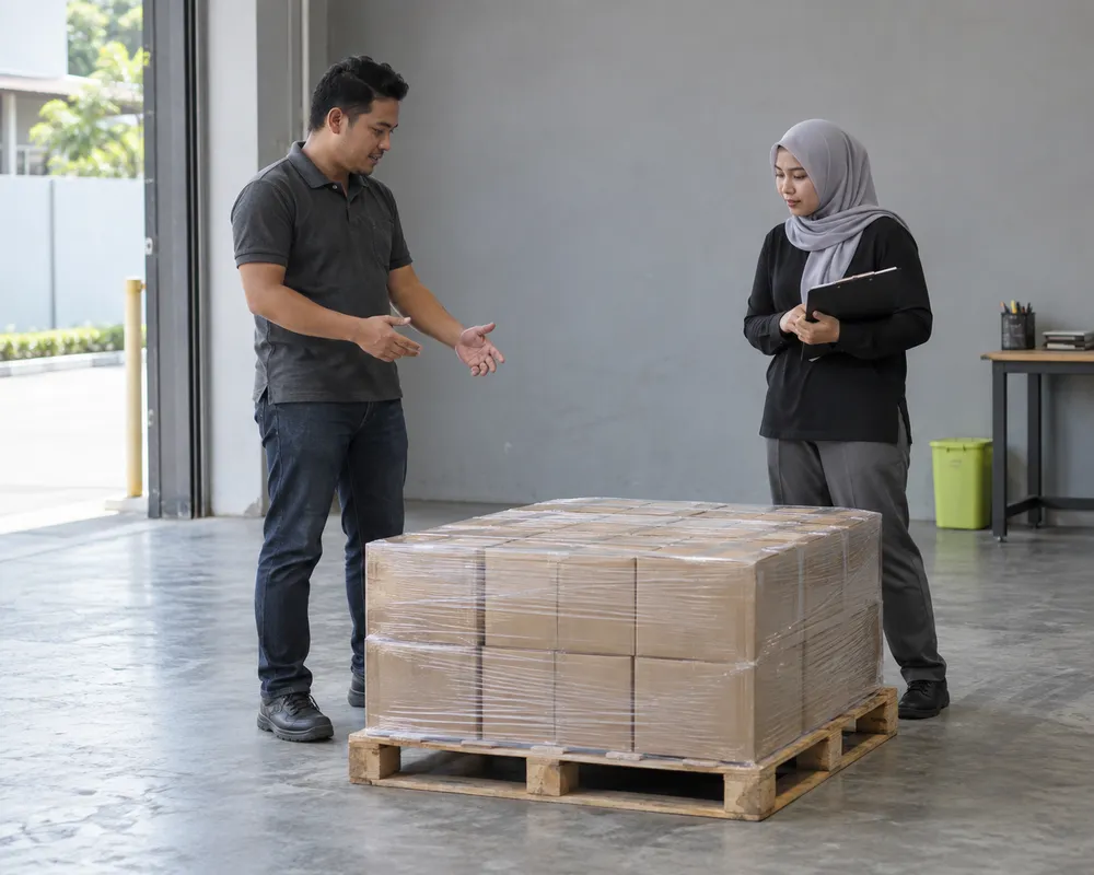 Two customers discussing pallet handling space. Preparation illustration.