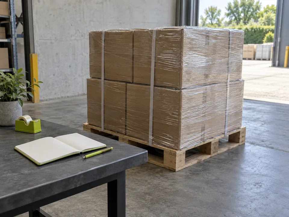 Blank notebook beside a pallet load. Preparation illustration.