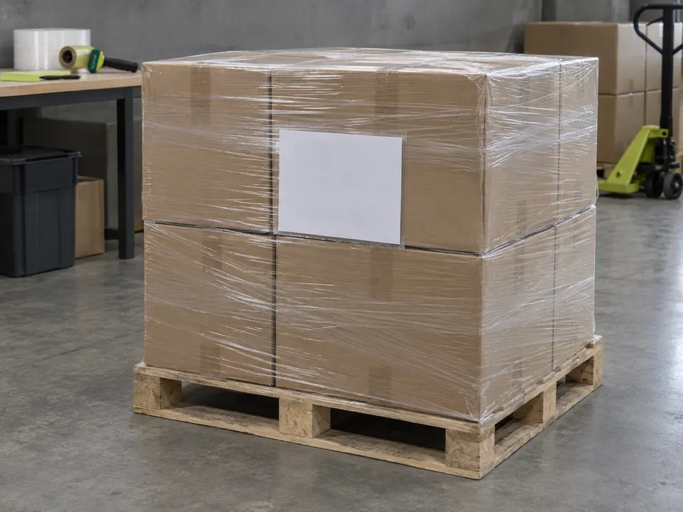 Blank label card on the outside of a wrapped load. Preparation illustration.