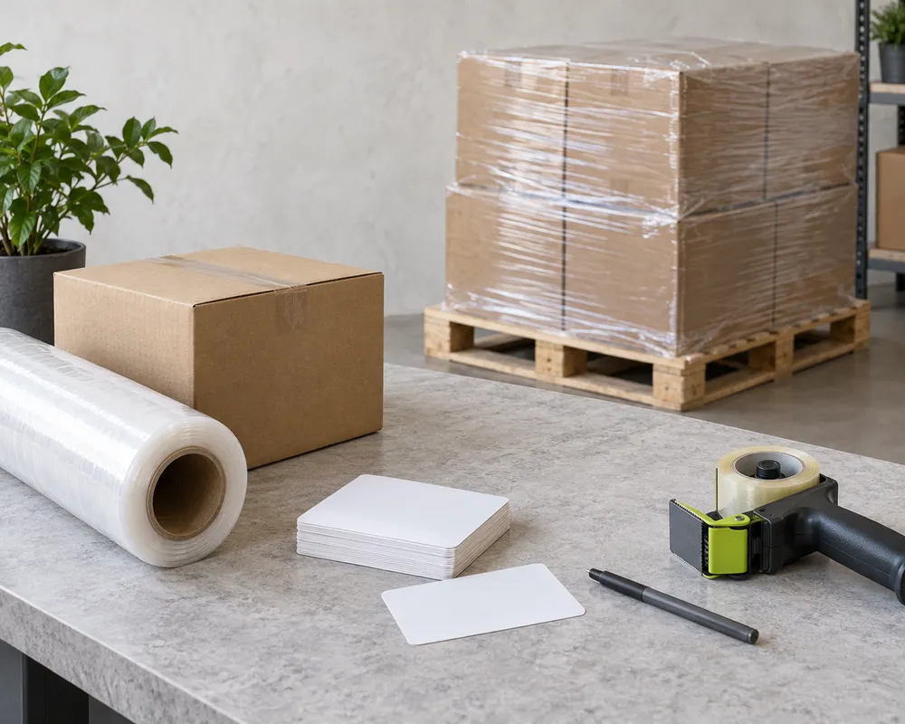 Blank label cards and packaging materials on a table. Preparation illustration.