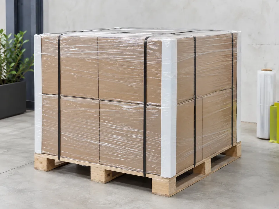 Carton corner with edge protection and wrapping. Preparation illustration.